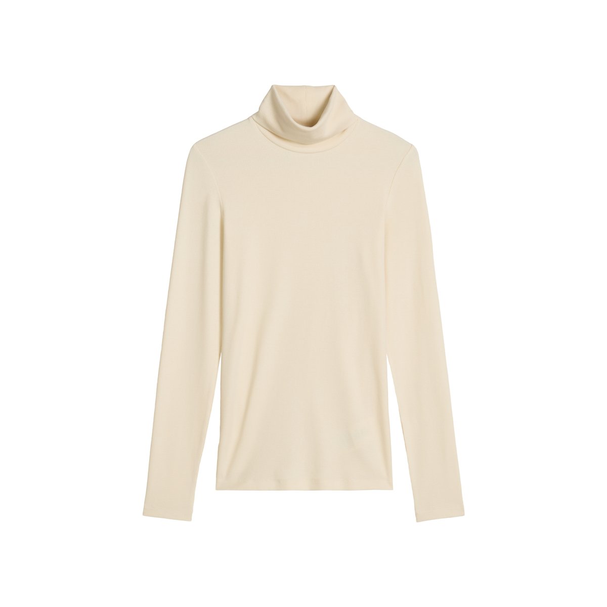 T-shirt long à col roulé regular en jersey à côtes douces beige, MARC O'POLO