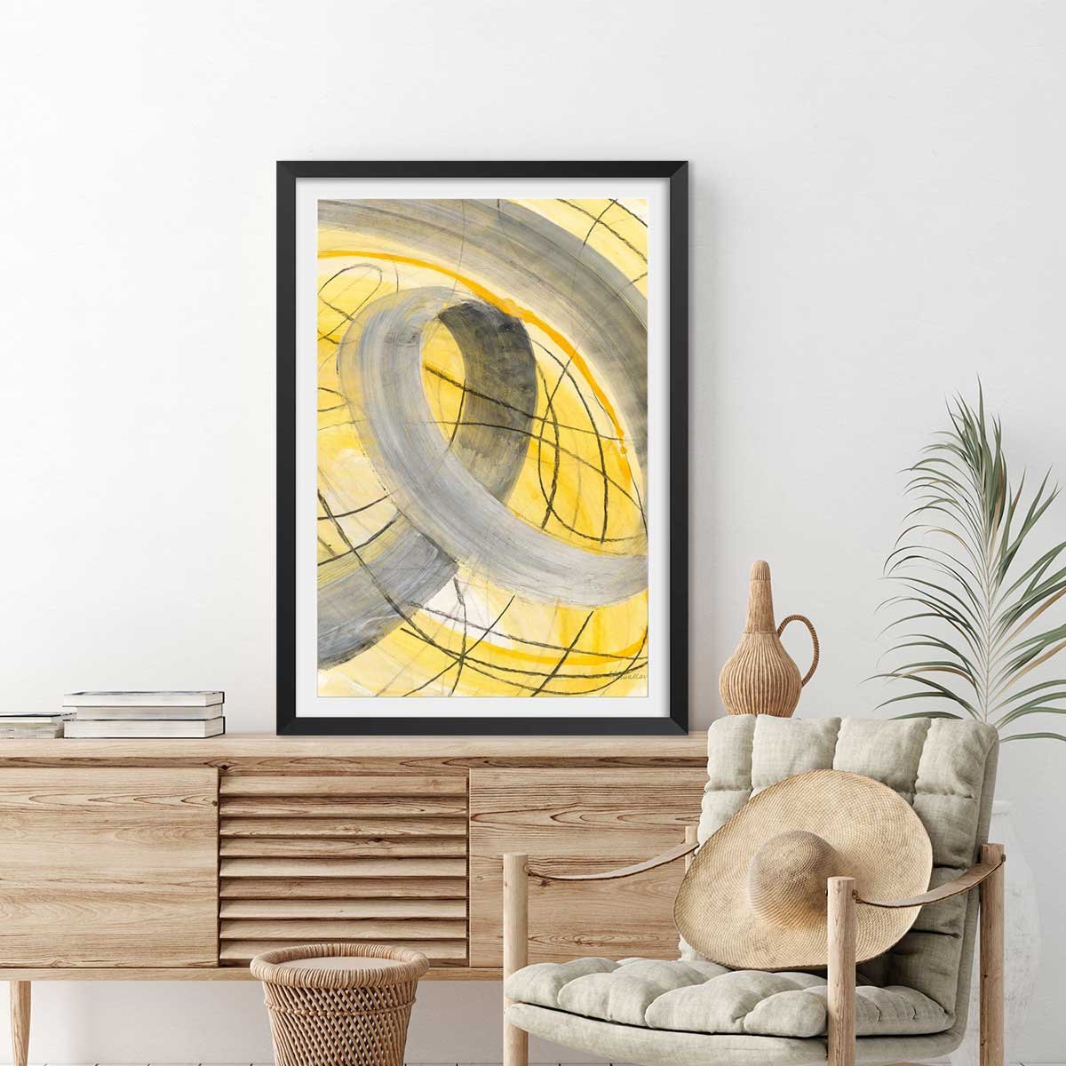 Poster yellow signal affiche + cadre en bois - noir, HEXOA