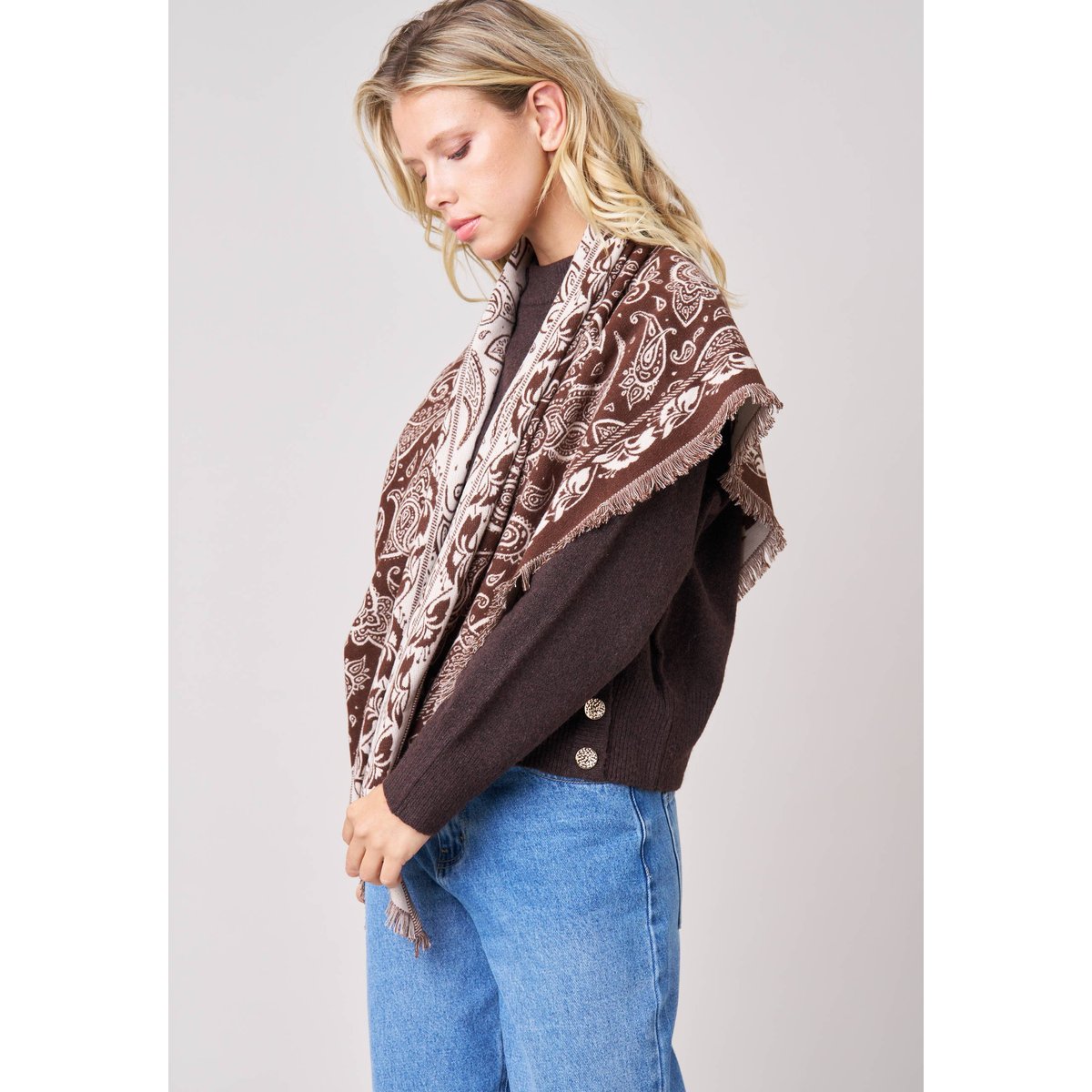 Foulard femme avec franges imprimé SYBILLE light brown, DEELUXE