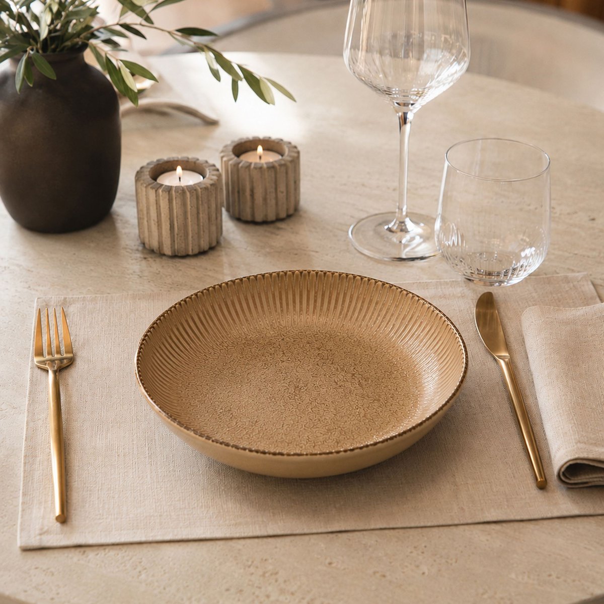 Lot de 6 assiettes creuses 22cm en porcelaine, LUNEA marron, OGO LIVING