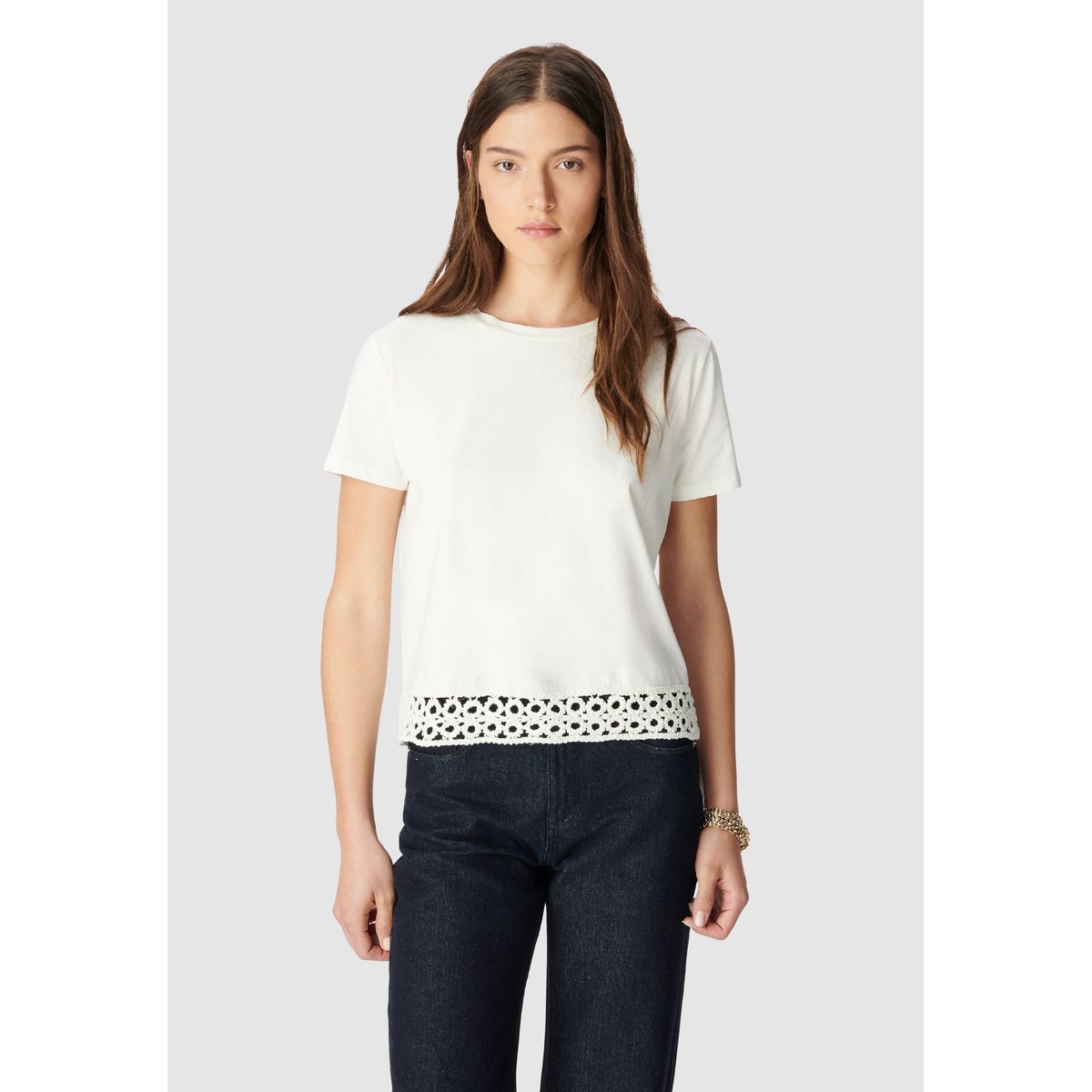 Tee-shirt col rond crochet et sequins off-white, IKKS