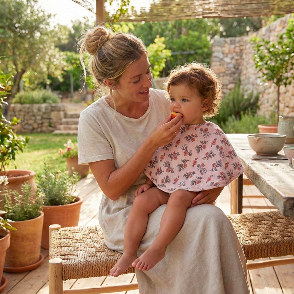Bavoir 2 en 1 (poncho et épaule) gaze de coton et bambou biscuit, BB & CO
