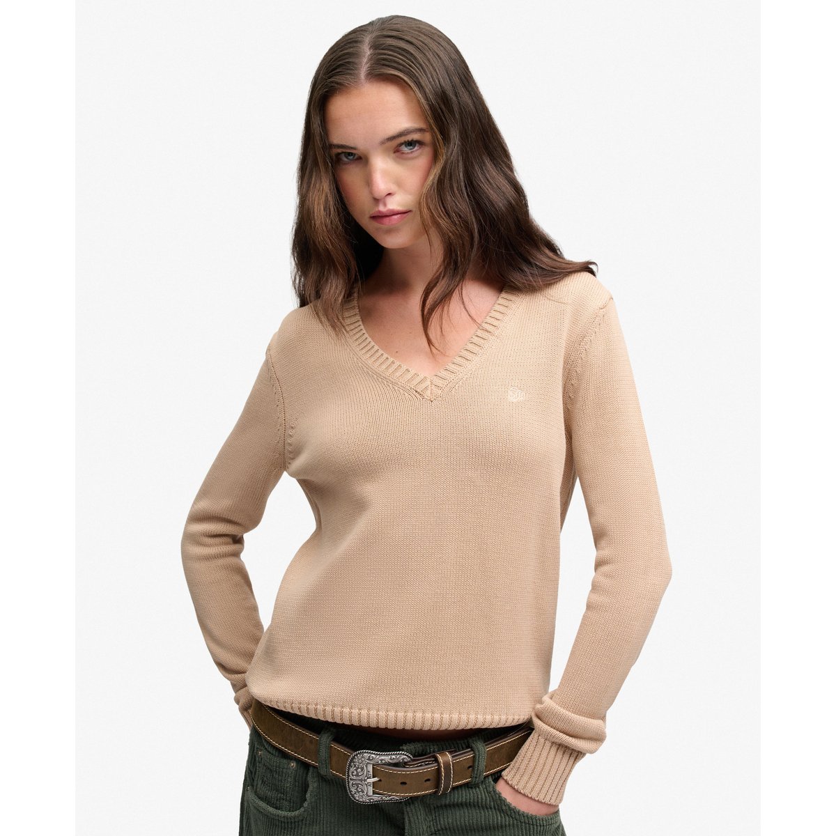 Pull Col V Délavé taupe clair, SUPERDRY
