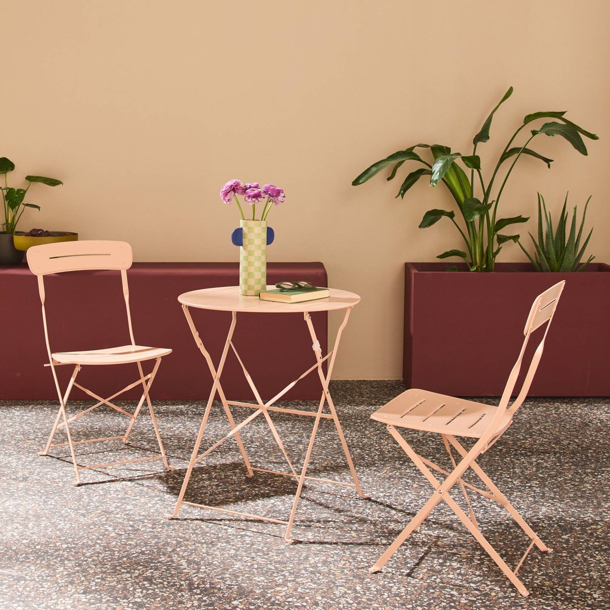 Table de jardin bistrot pliante ronde acier + 2 assises BALCONEA rose, SWEEEK
