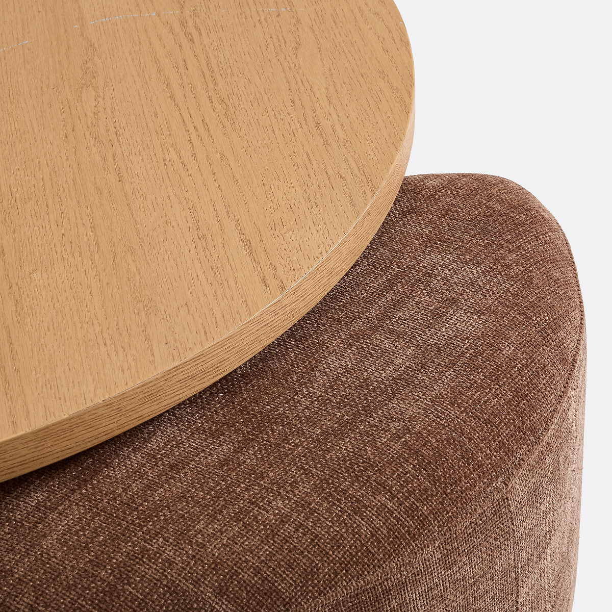 Table basse ronde en placage chêne, et ses 2 poufs, JEN coloris chêne, LA REDOUTE INTERIEURS