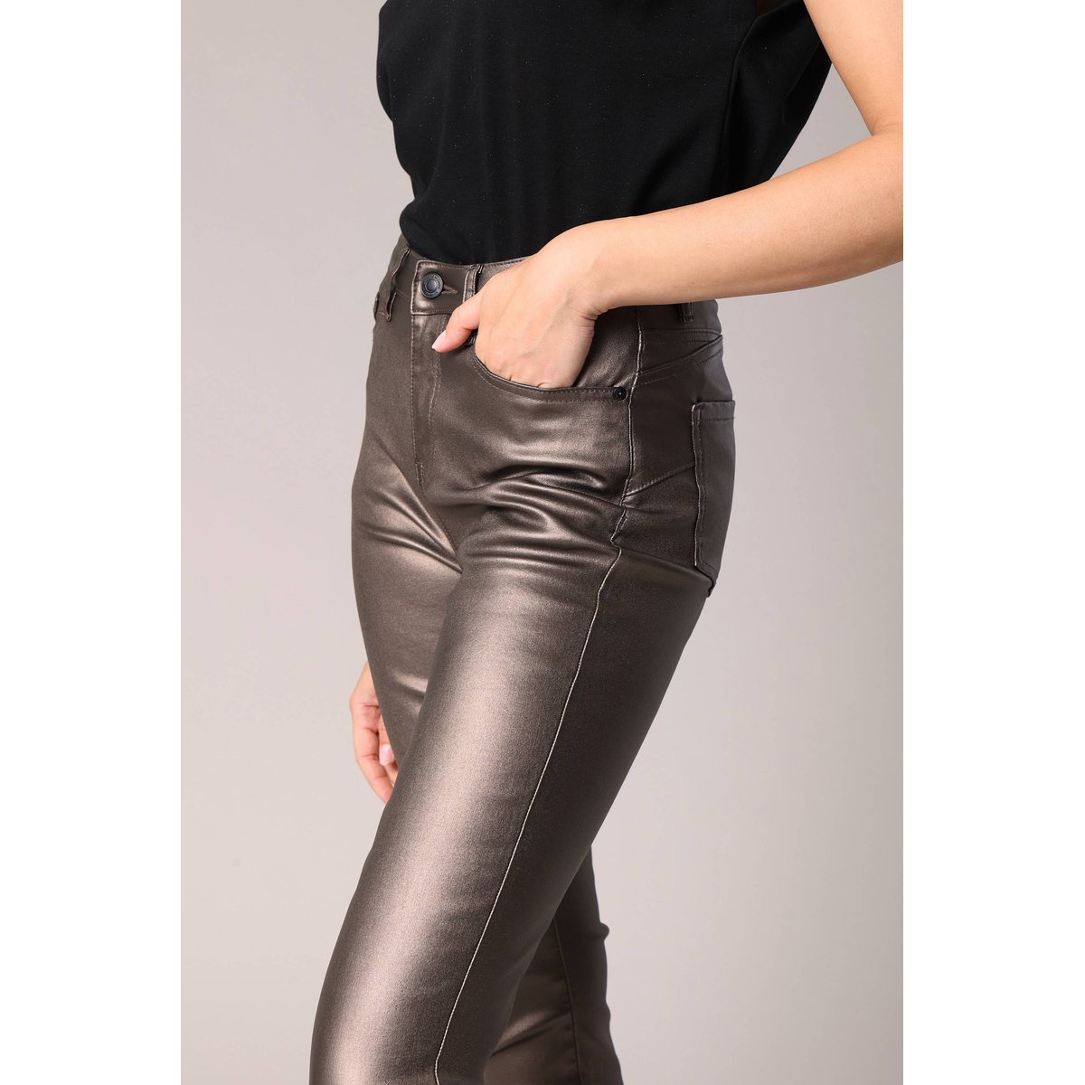 Pantalon slim taille haute, effet métallisé LYSIE taupe, DEELUXE