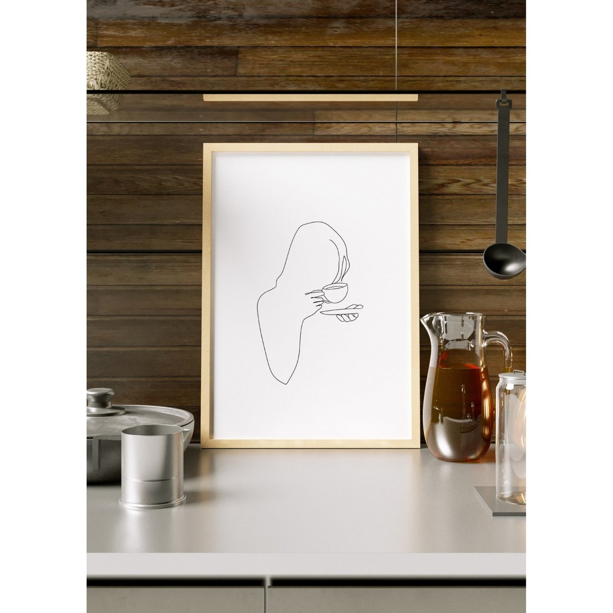 Affiche Line Art Women Drinking Coffee blanc, L'AFFICHERIE