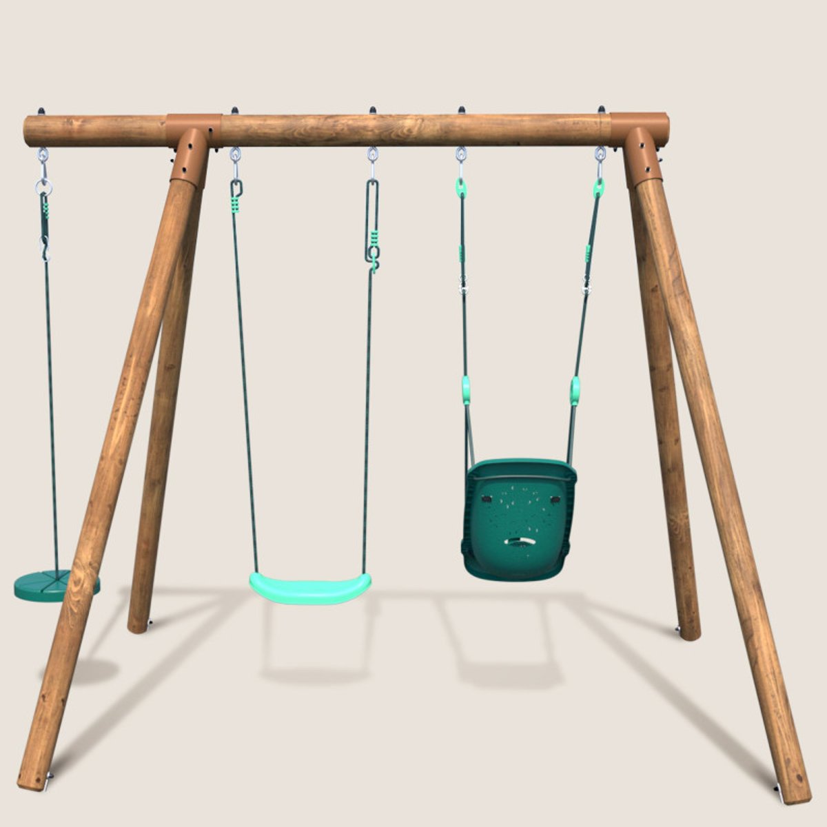 Portique en bois rond 3 agrès avec balançoire bébé TIAGO vert, SOULET
