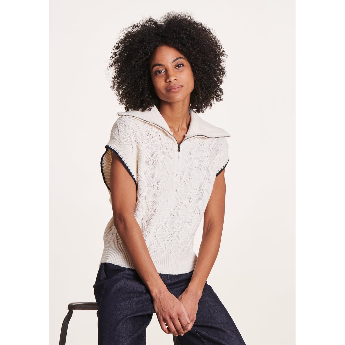 Pull manches courtes col camionneur ecru/stormy, LA FEE MARABOUTEE