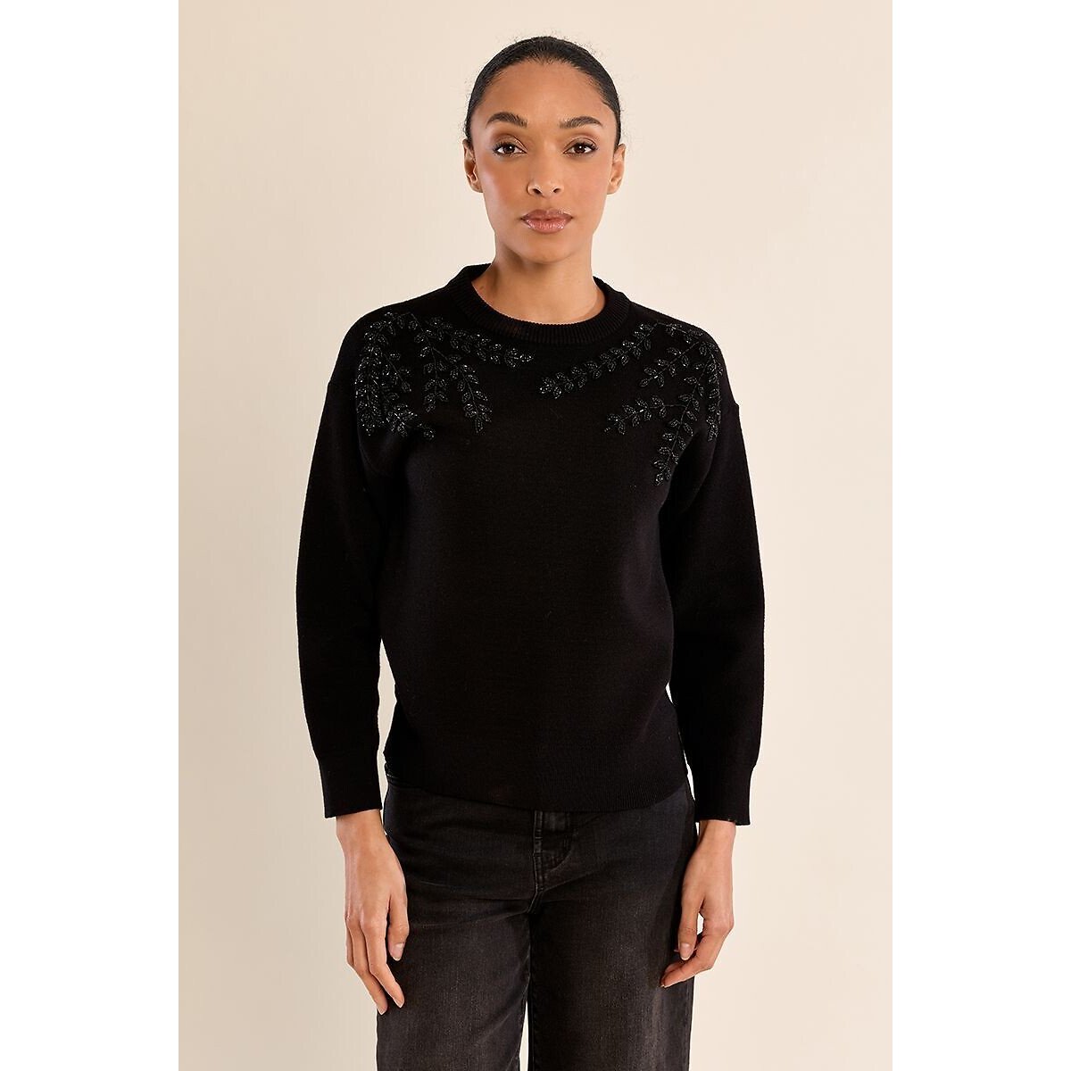 Pull col rond avec détails sequins noir, MOLLY BRACKEN