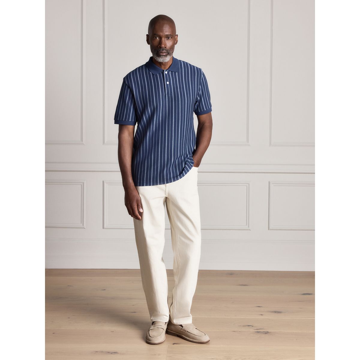 Polo standard en supima à rayures verticales bleu, NEXT