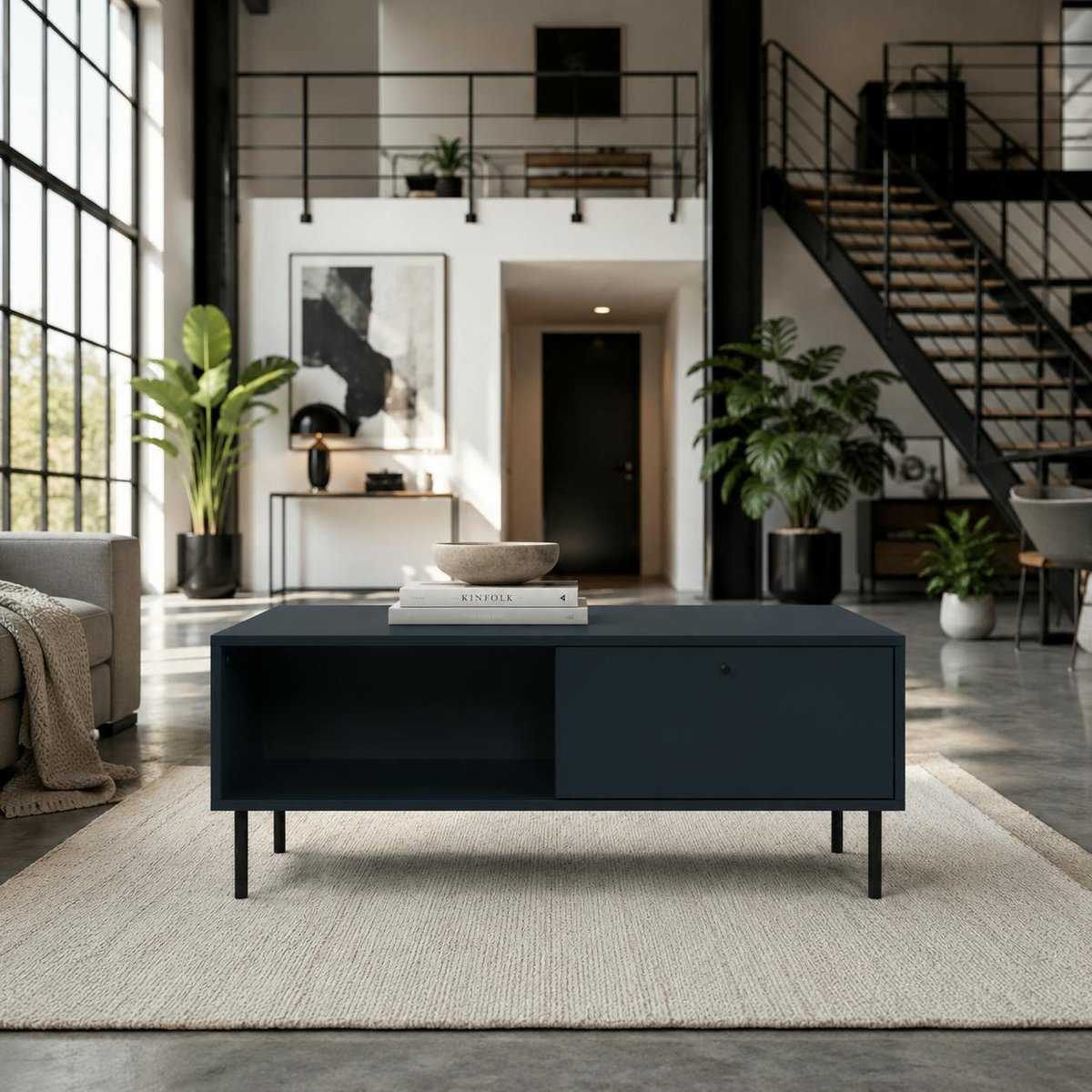 Table basse moderne bleu sombre 2 tiroirs 2 niches RAVEN bleu, PIER IMPORT