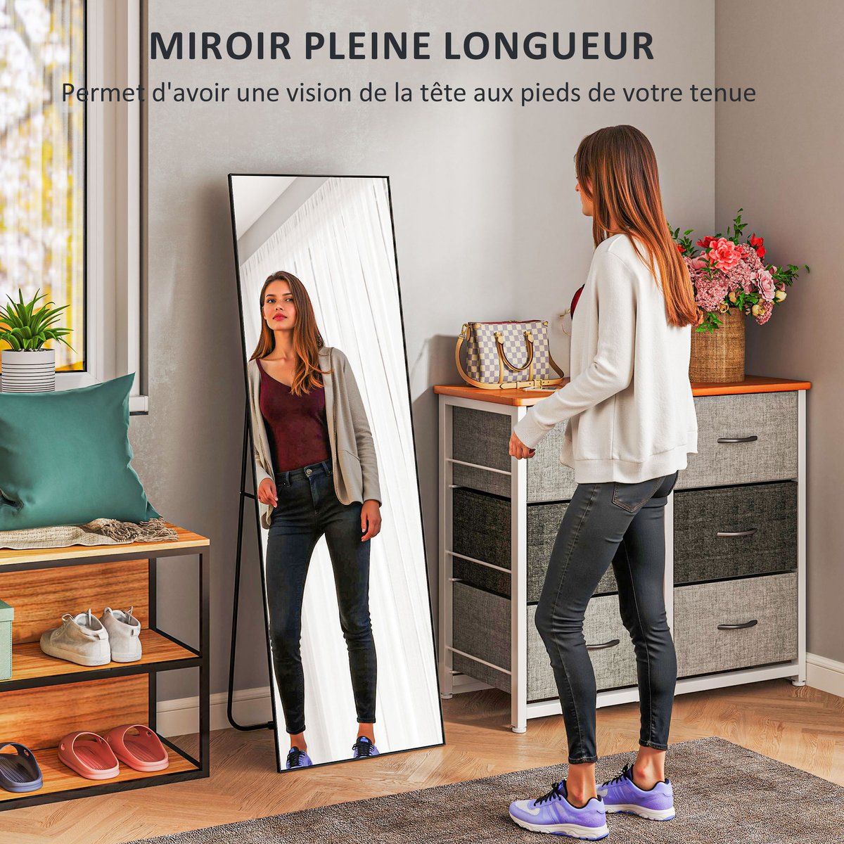 Miroir en pied Verre Noir noir, HOMCOM