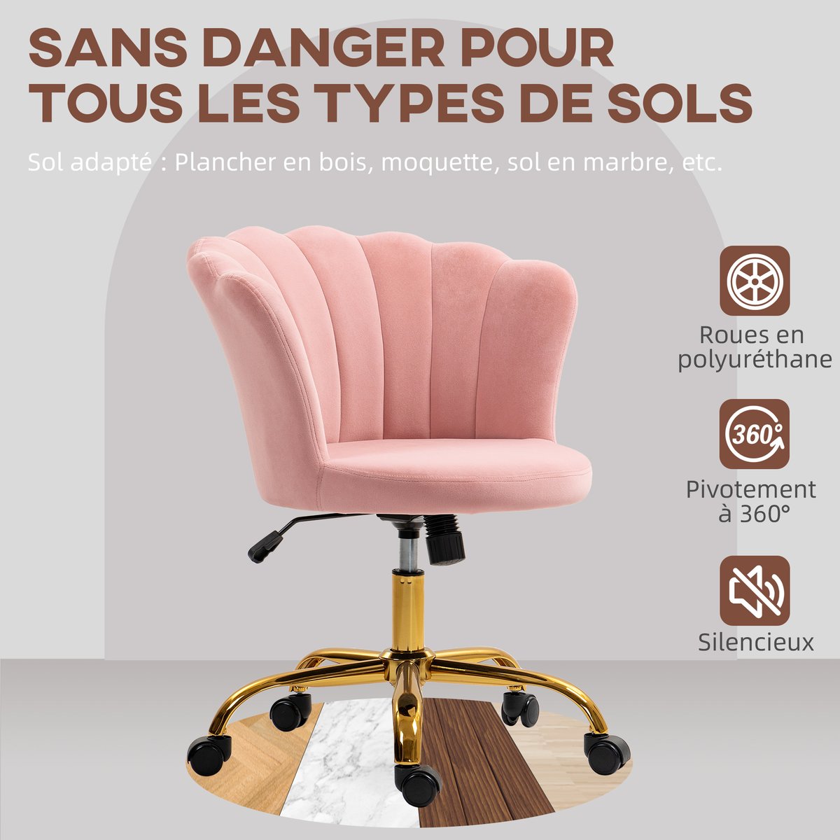 Chaise de bureau Velours (100% polyester) rose, HOMCOM