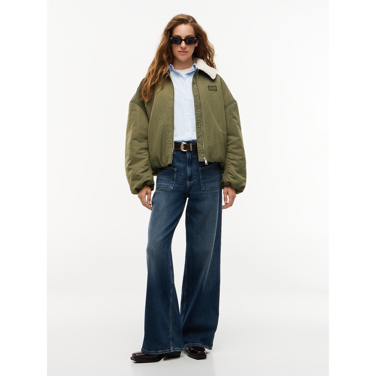 Bomber à col en sherpa, zippé kaki, TOMMY JEANS