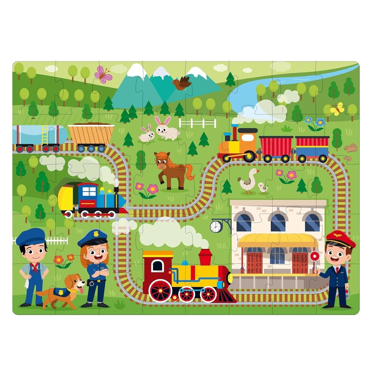 Livre et puzzle Les trains bleu marine, SASSI JUNIOR
