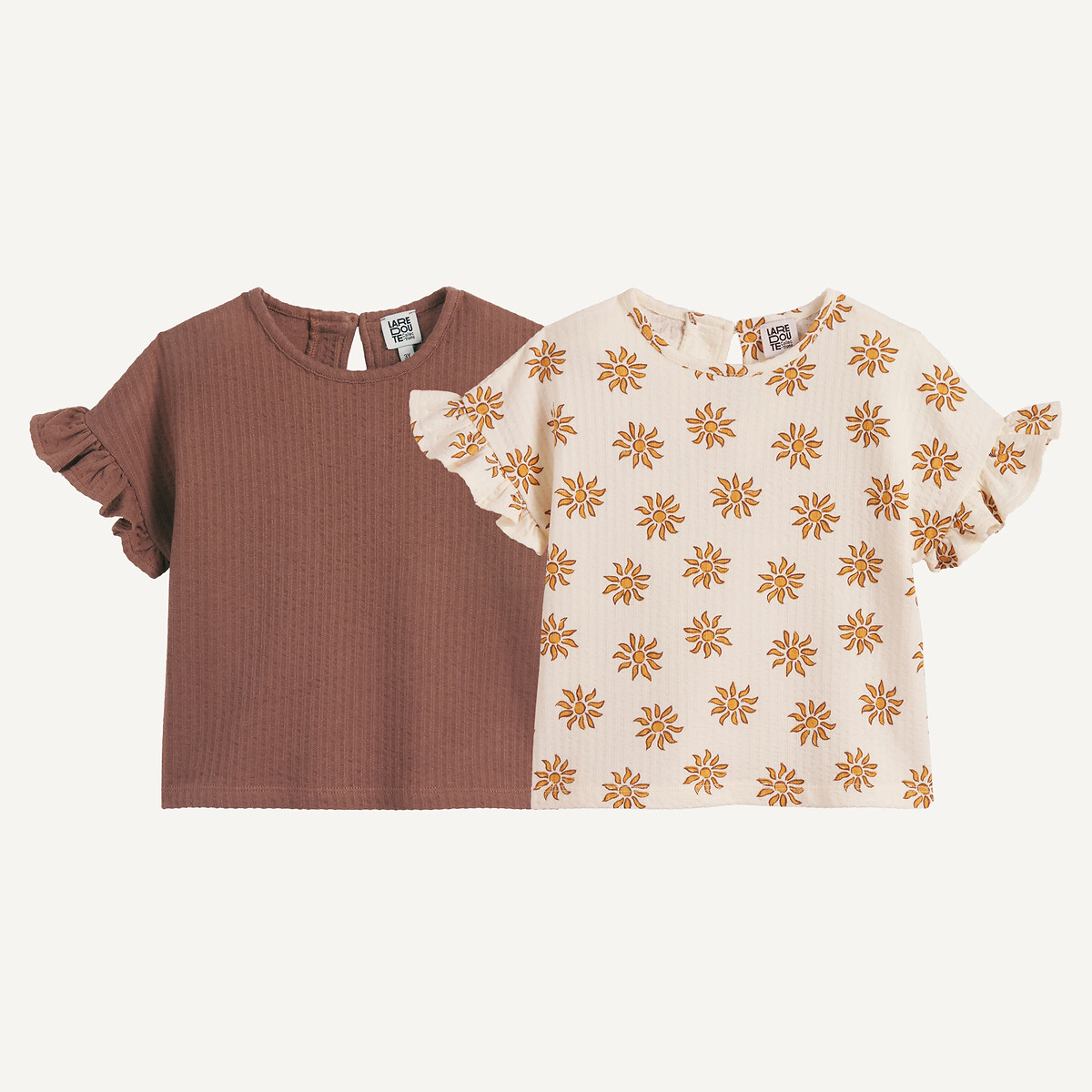 Lot de 2 t-shirts manches courtes uni + imprimé fleurs marron + imprimé écru, LA REDOUTE COLLECTIONS