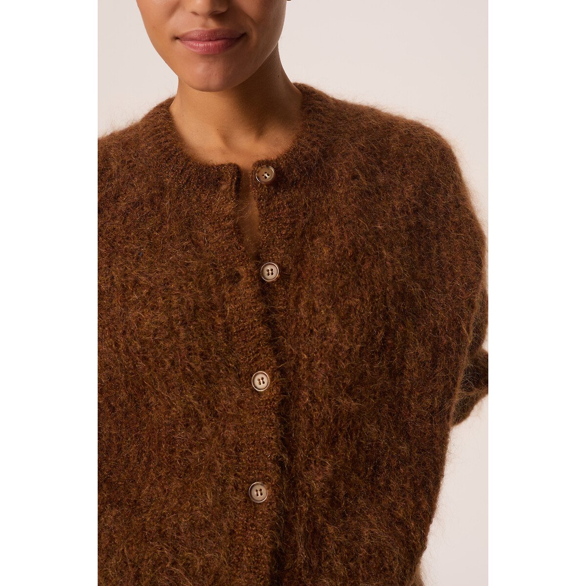 Strickjacke mit Rundhalsausschnitt aus Mohair-Mischgewebe, ALMA cognac, DES PETITS HAUTS
