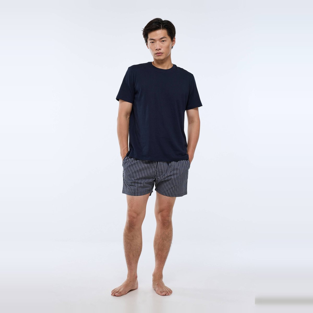 Pyjama t-shirt manches courtes et rayé carreaux en coton marine, MONOPRIX