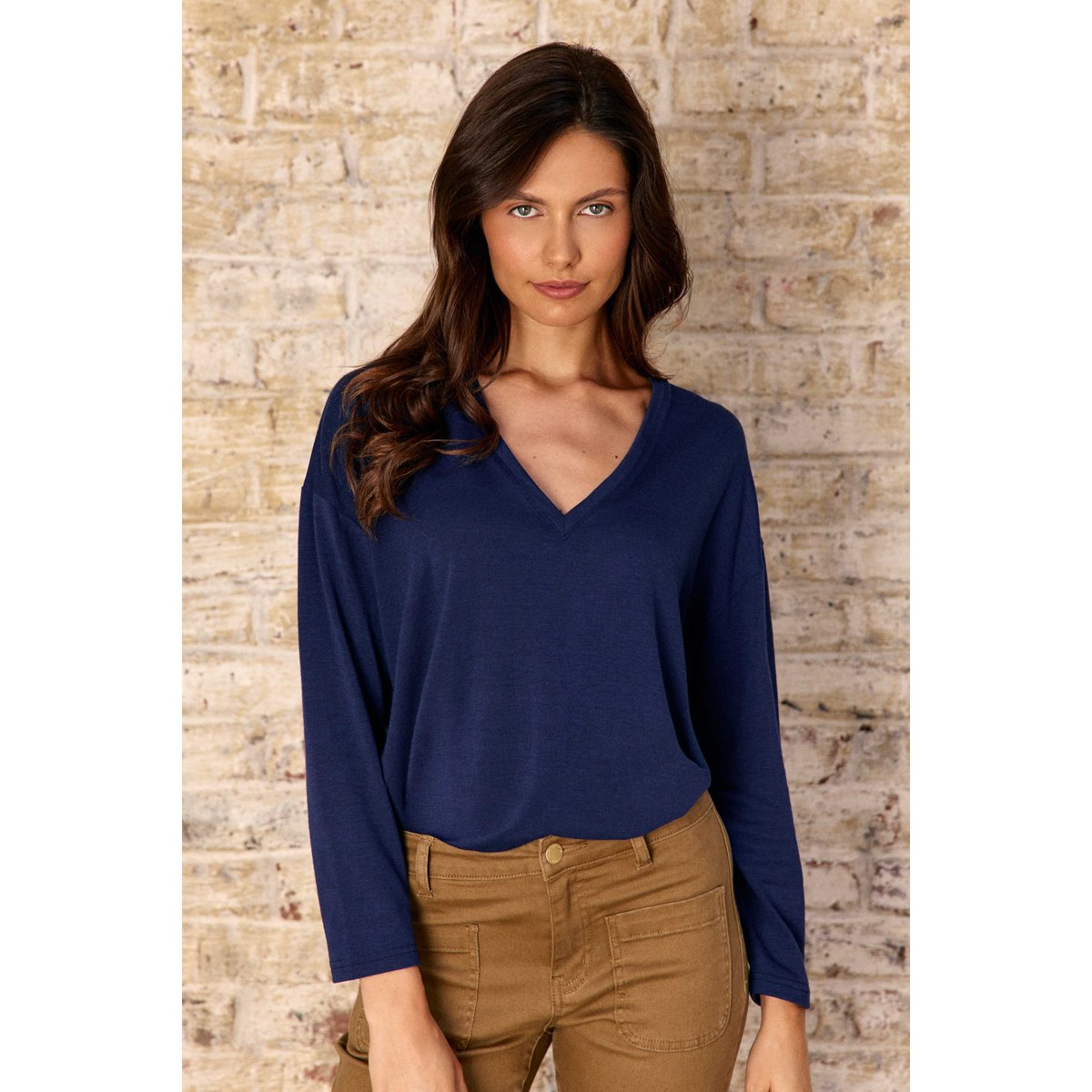 T-shirt manches longues col v uni TARCEL bleu marine, LA PETITE ETOILE