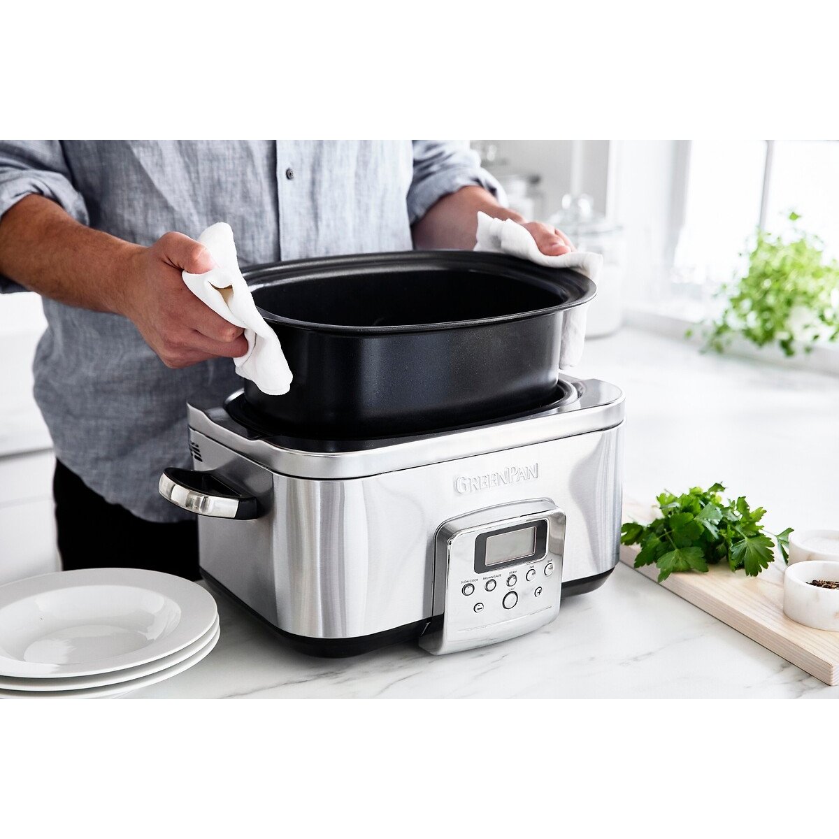 Elite 6L Slowcooker stainless steel, GREENPAN