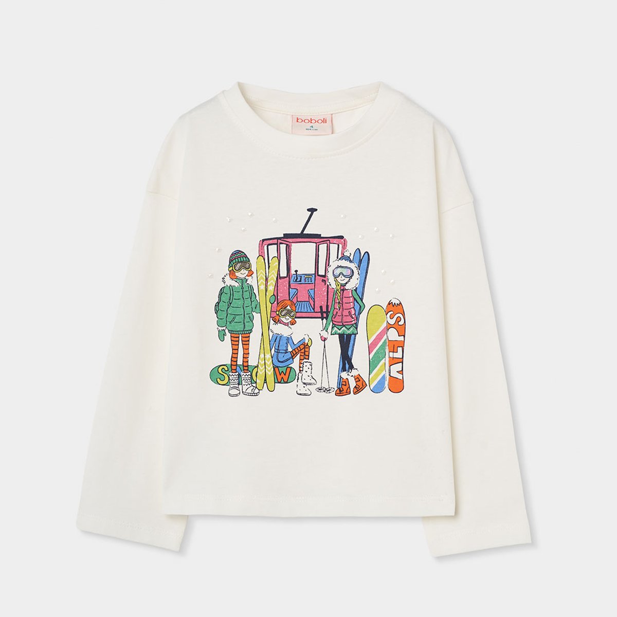 T-shirt fille en maille imprimé ski blanc, BOBOLI