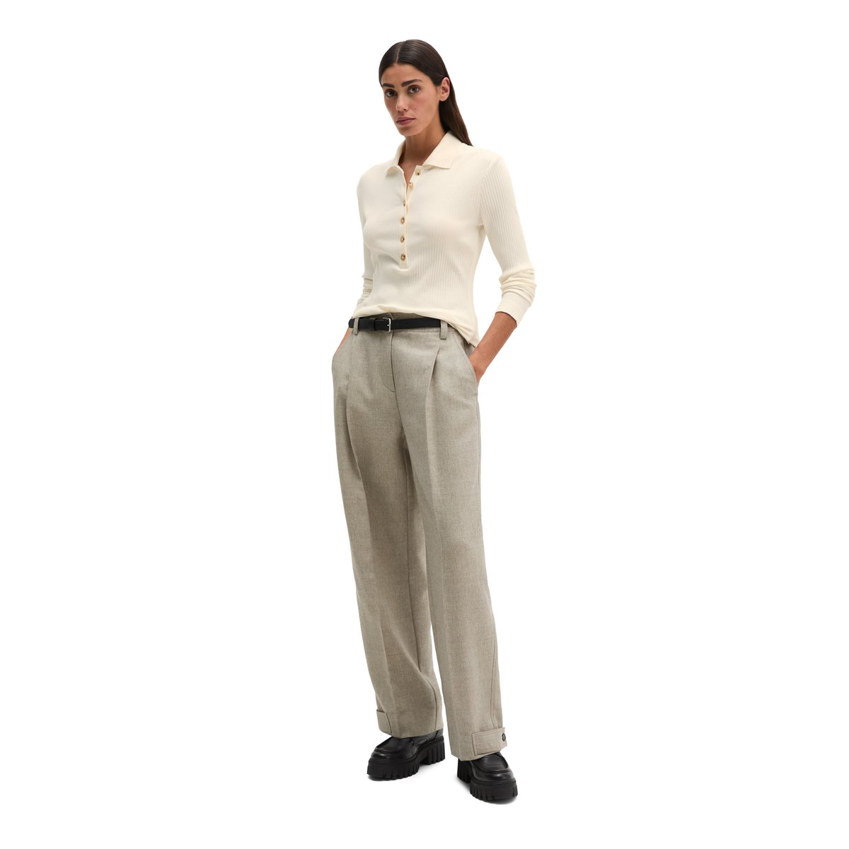 Polo côtelé à manches longues slim en jersey stretch coton modal bio blanc, MARC O'POLO