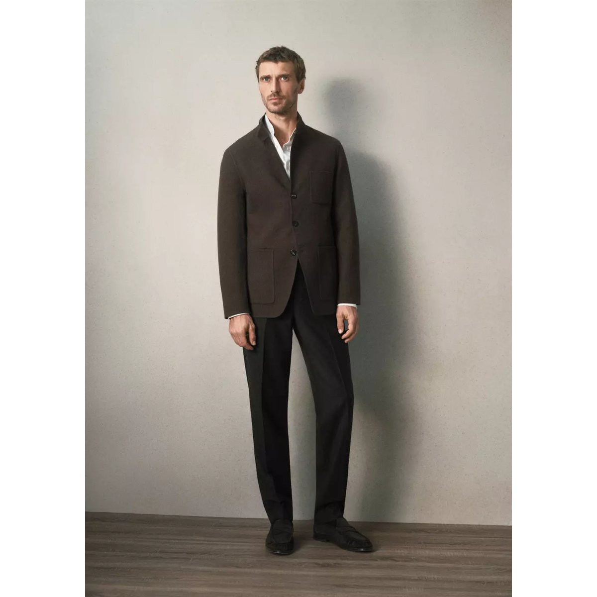 Blazer à col cheminée 100 % laine coupe slim fit marron, MANGO MAN