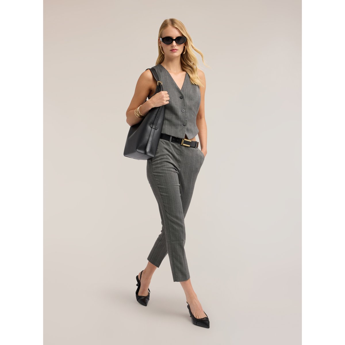 Gilet à fines rayures simple boutonnage gris, MOTIVI
