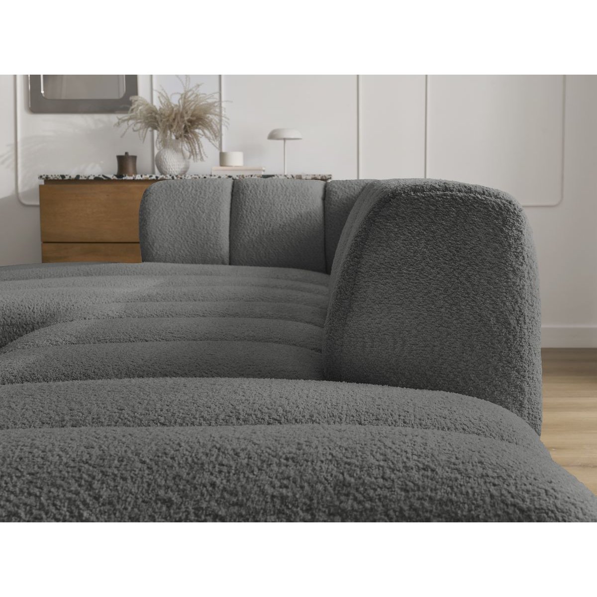 Canapé modulable 5 places en tissu bouclette, ANNECY gris foncé, BOBOCHIC