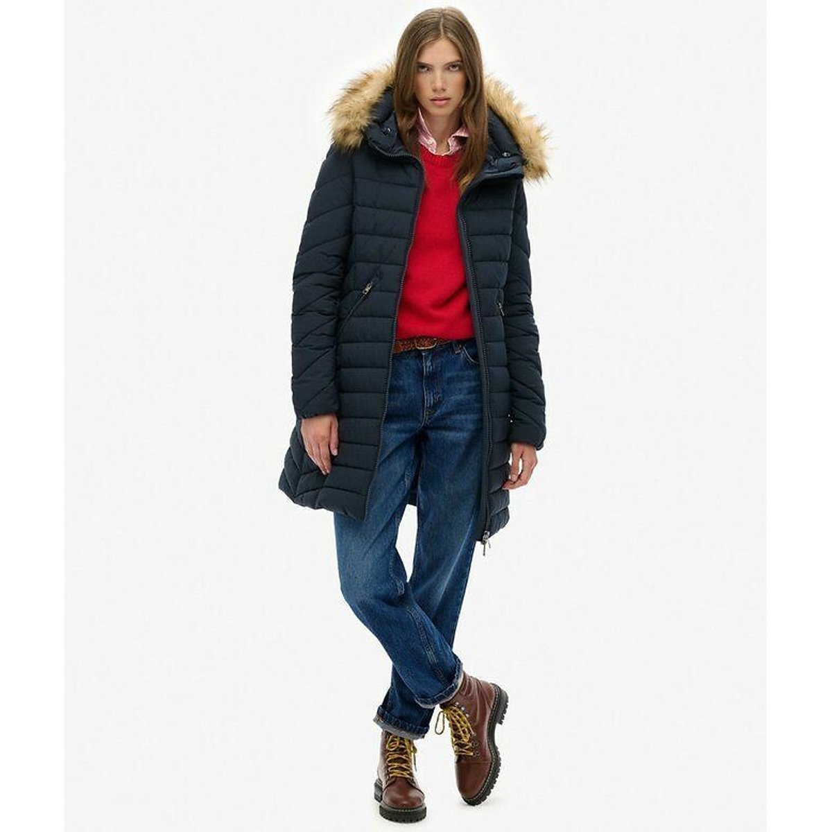 Mid-Length Padded Jacket with Faux Fur Hood navy blue, SUPERDRY