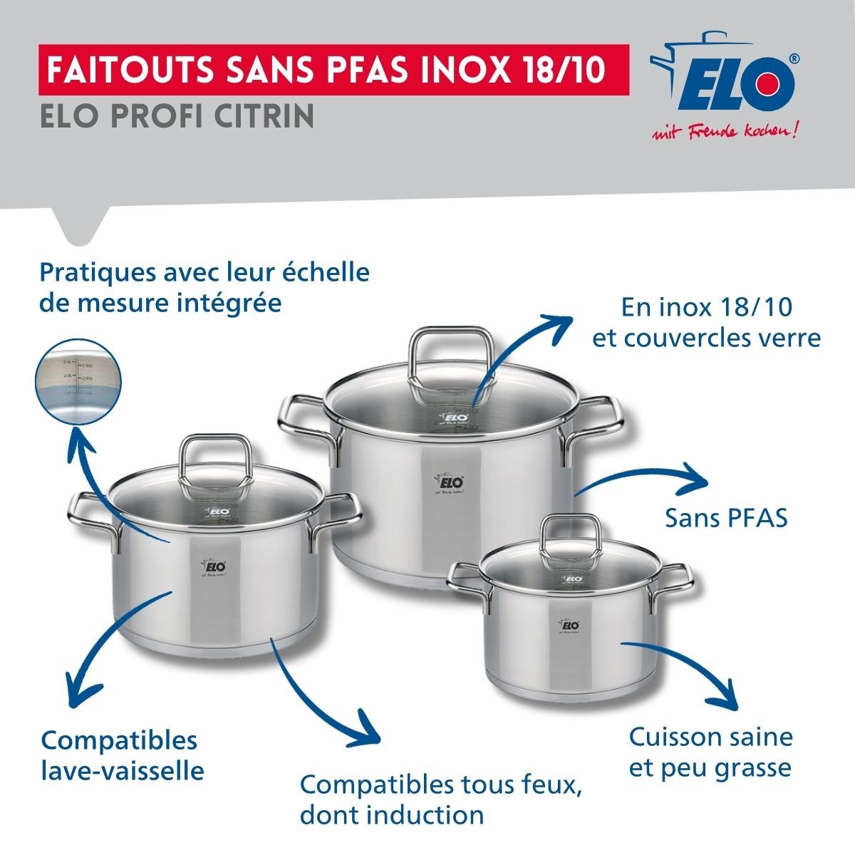 Batterie 2 poêles 28/32cm + 3 faitouts 12/14/16cm PROFI CITRIN inox, ELO