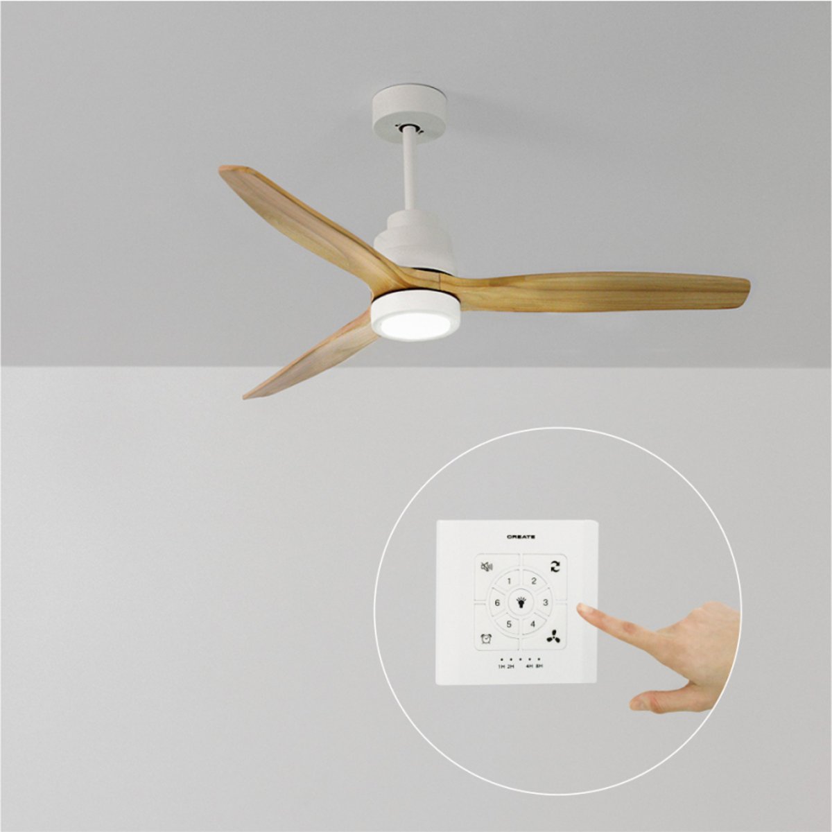 Ventilateur de plafond 40W  avec lumière avec contrôleur mural WIND STYLANCE NATURAL WOOD blanc/bois naturel, CREATE