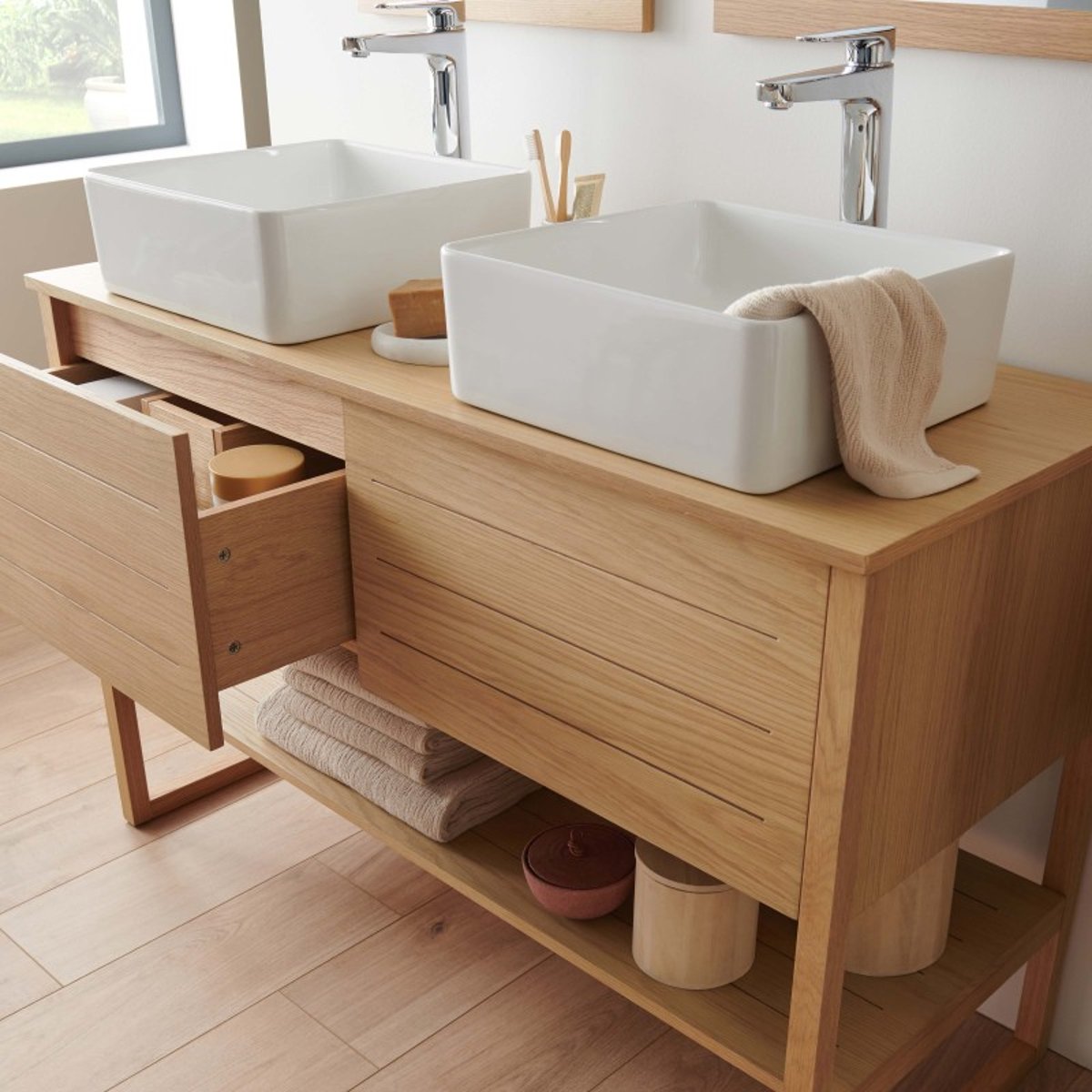 Meuble double +vasque +miroir ATOLL bois clair, MOB IN