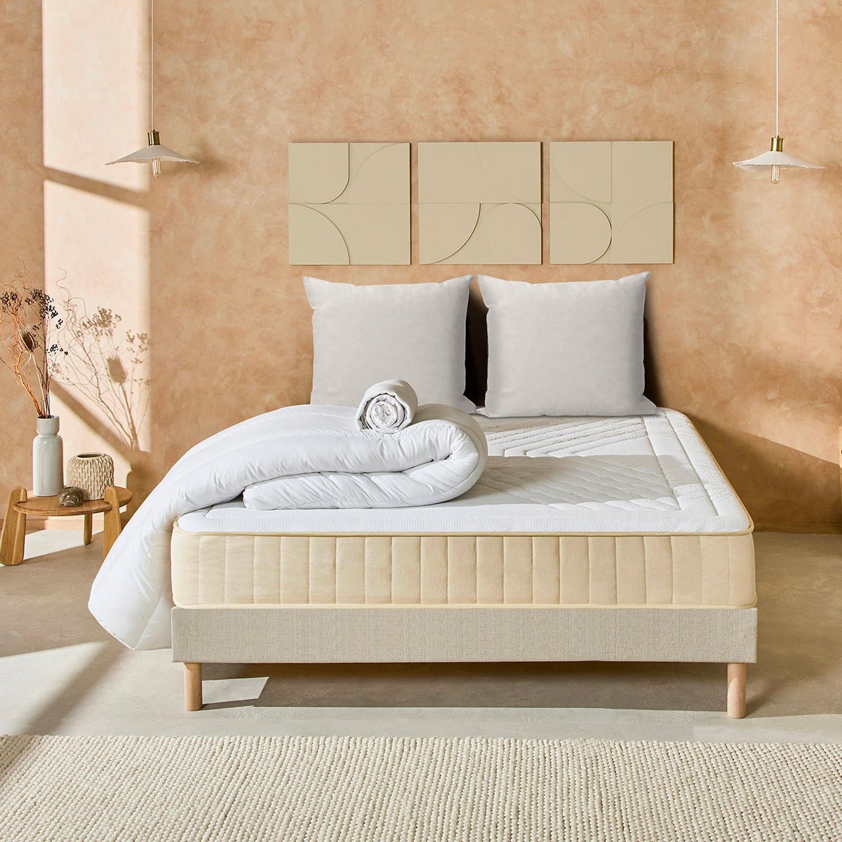 Pack Symphonie 2.0 90x190 cm Matelas Mousse + Sommier Bois + Accessoires beige, BELLECOUR