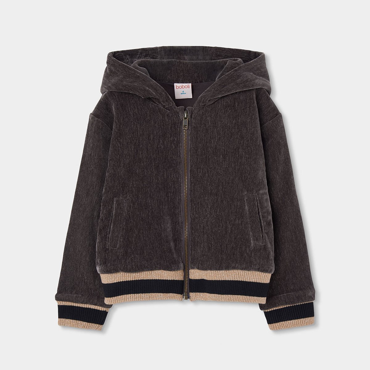 Sweat fille velours à capuche marron, BOBOLI