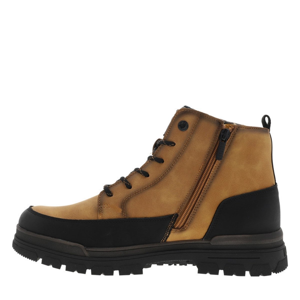 Bottines camel à talon décroché bas pourvues de lacets et d'un zip latéral brun, MUSTANG