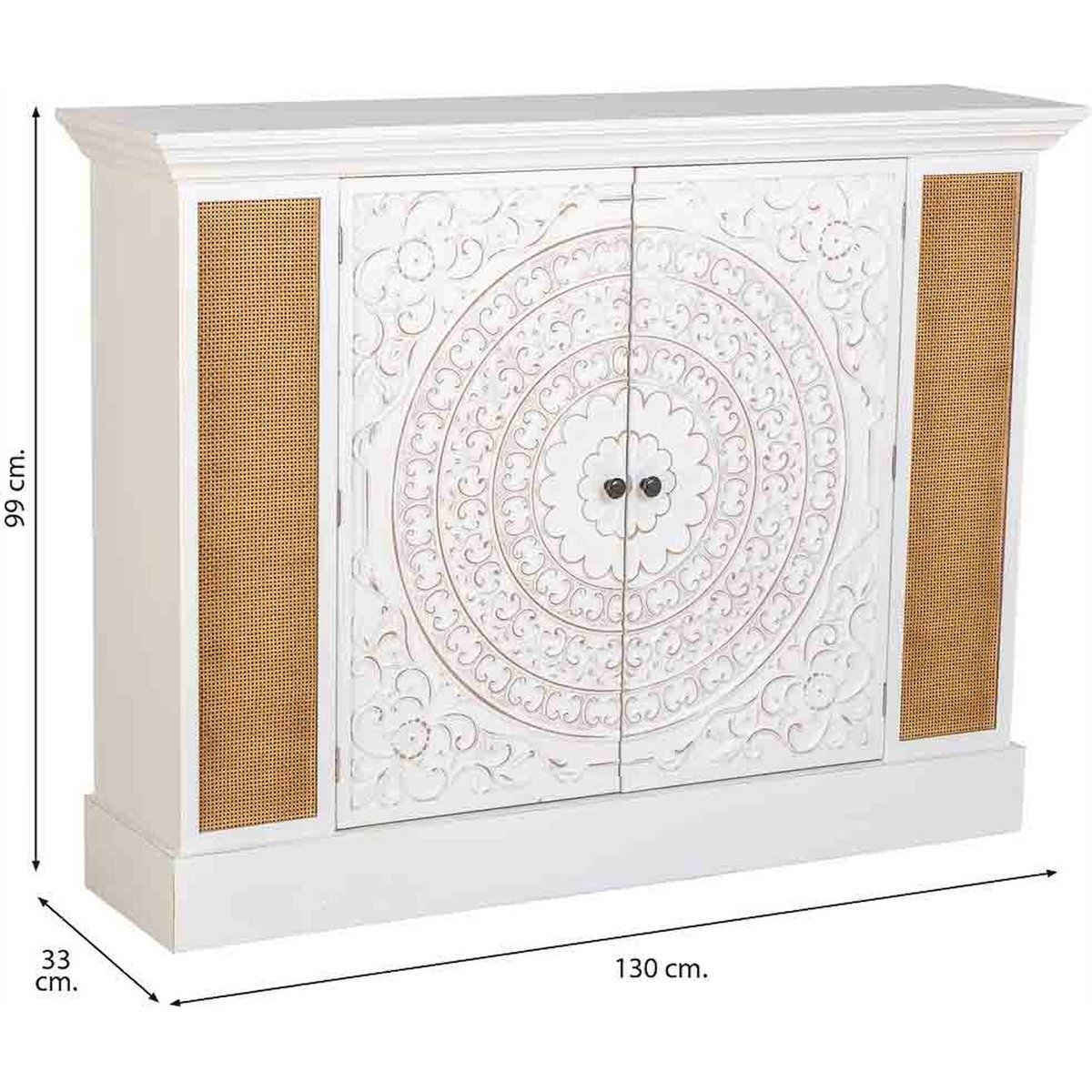 Buffet en bois patiné rectangulaire avec portes sculptées blanc patiné et cannage naturel, RECOLLECTION