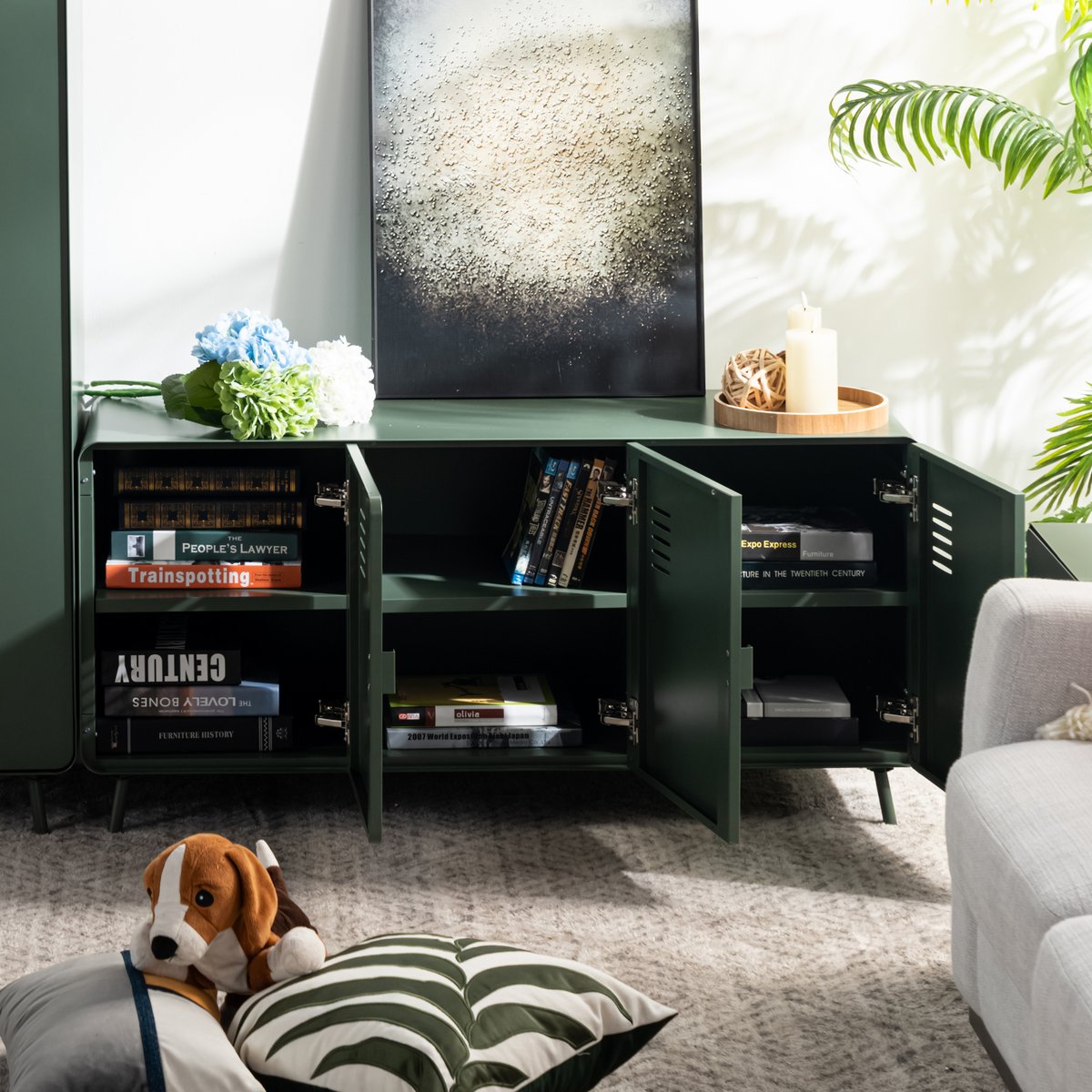 Armoire de rangement avec 3 portes et 2 couches en métal industriel, WALNUTCABINET vert foncé, MEUBLES COSY