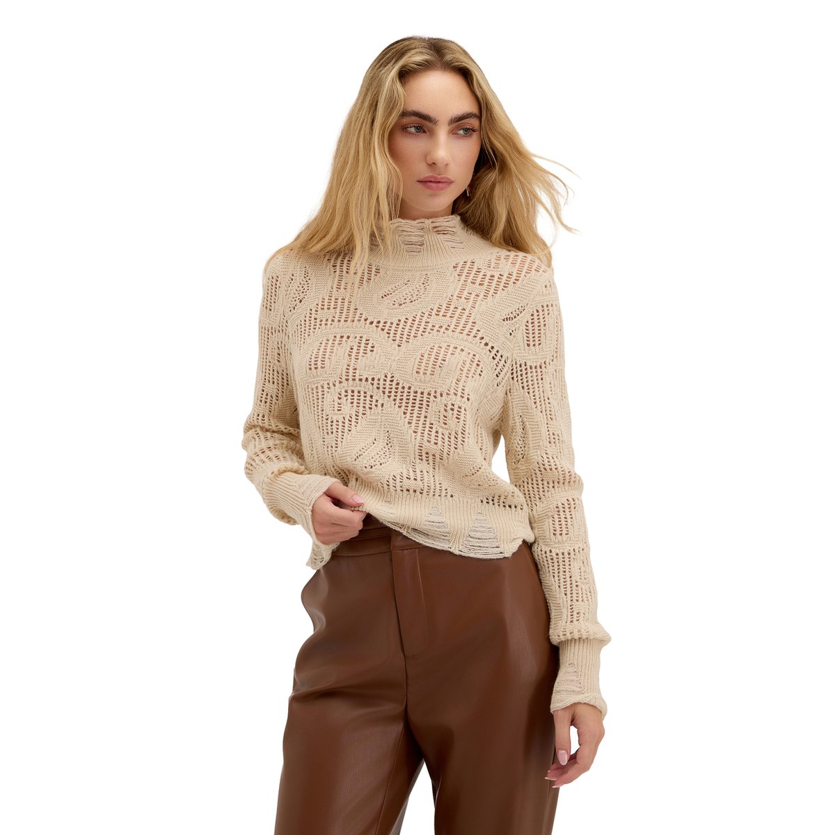Col roulé effet dentelle beige, MOTIVI