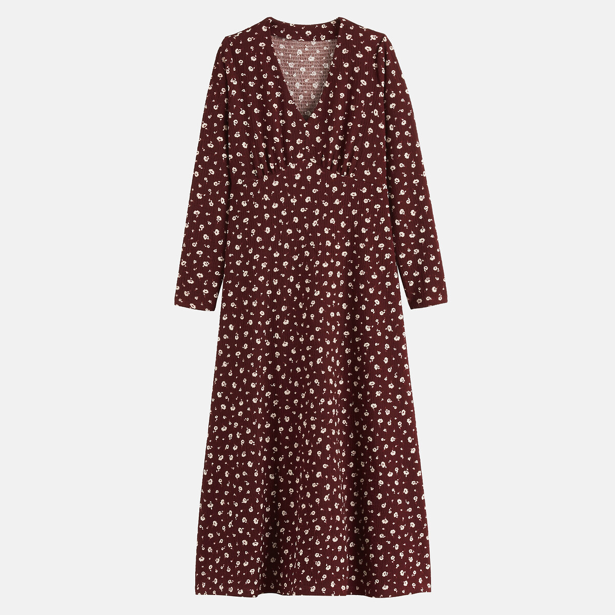 Robe longue imprimé floral évasée à col V et manches longues imprimé fleurs fond bordeaux, LA REDOUTE COLLECTIONS