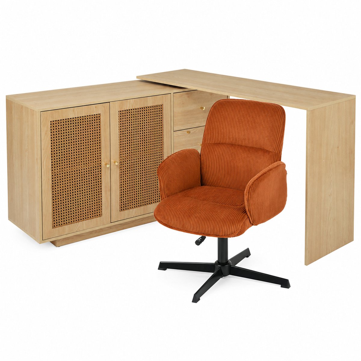 Ensemble de bureau d’angle rotatif avec portes rotin et chaise de bureau, DICCPERNTHOMASINACORD rouge, MEUBLES COSY