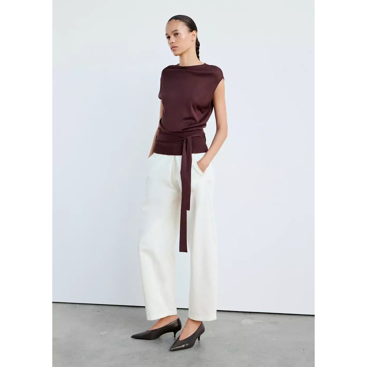 Gilet maille ceinture bordeaux, MANGO