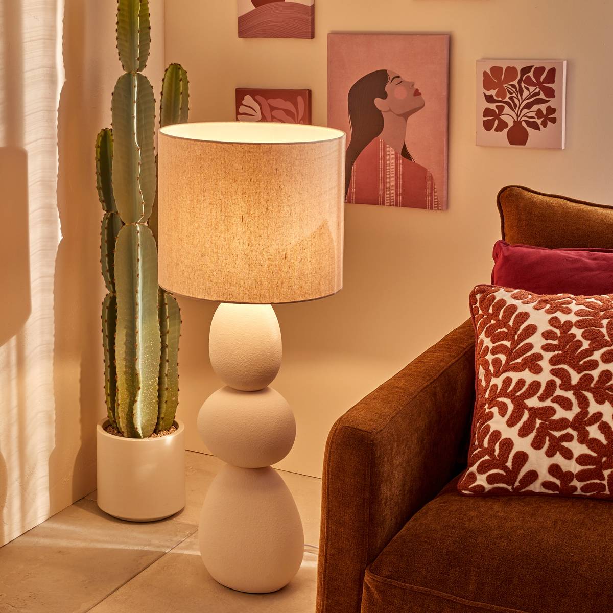Lampadaire grès abat-jour tissu ALITHA beige, ATMOSPHERA