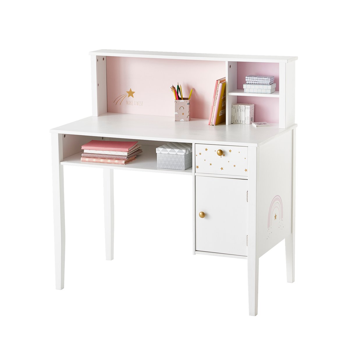 Bureau enfant MAKE A WISH blanc clair uni avec decor, VERTBAUDET