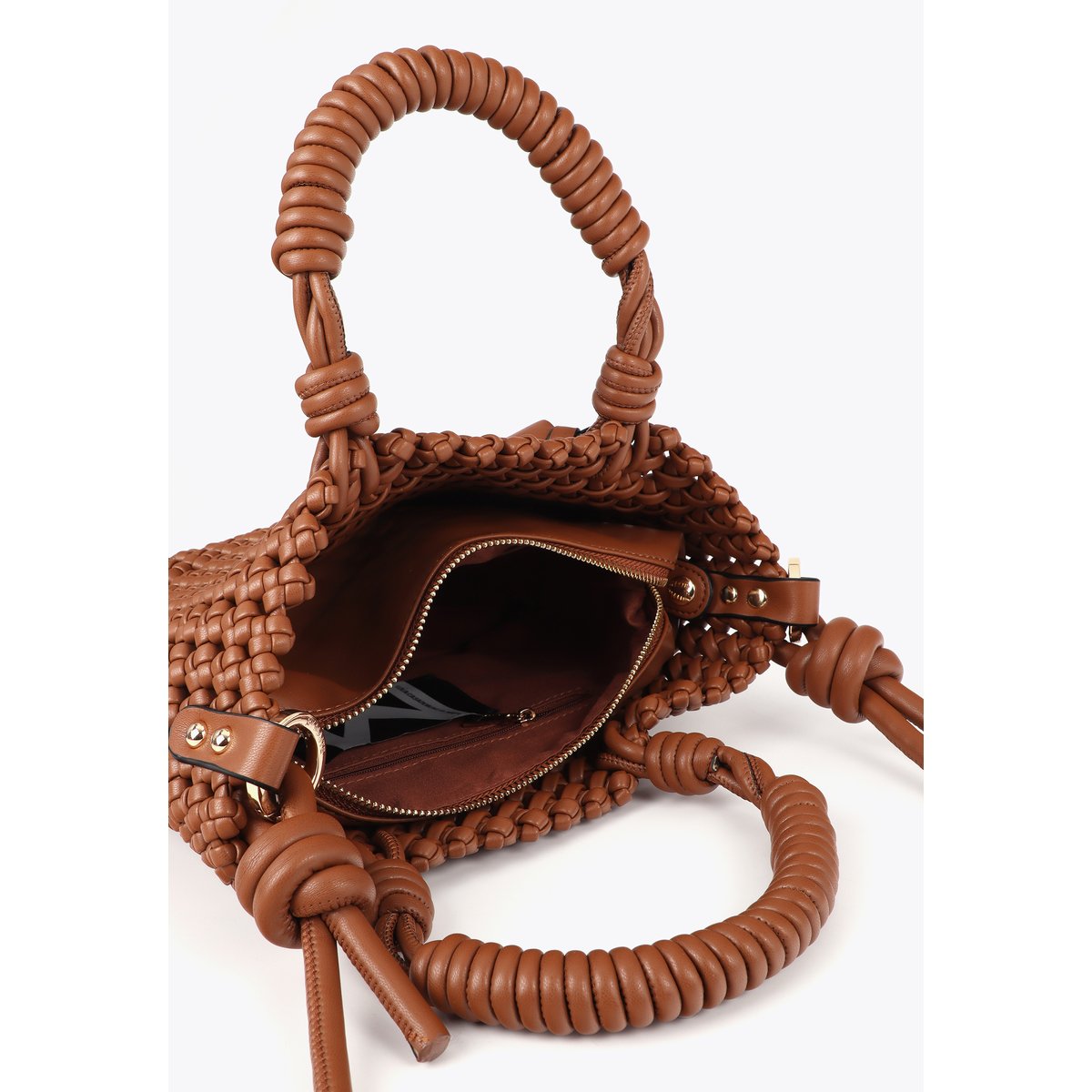Sac à bandoulière tressé à nœuds décoratifs marron foncé, LOLA CASADEMUNT