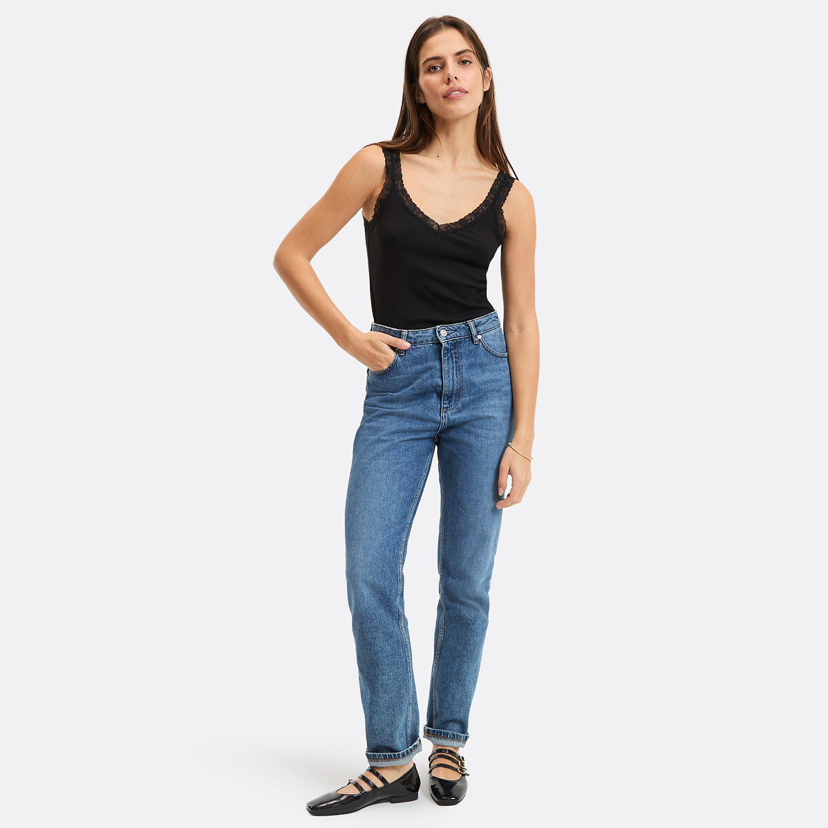Camiseta de tirantes con cuello en pico y detalle de encaje negro, LA REDOUTE COLLECTIONS