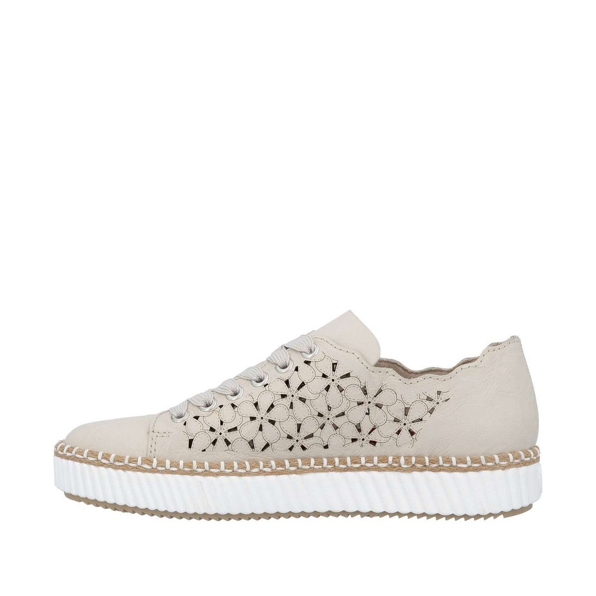 Tennis beiges en cuir à talon plat avec des lacets et des motifs fleuris beige, RIEKER
