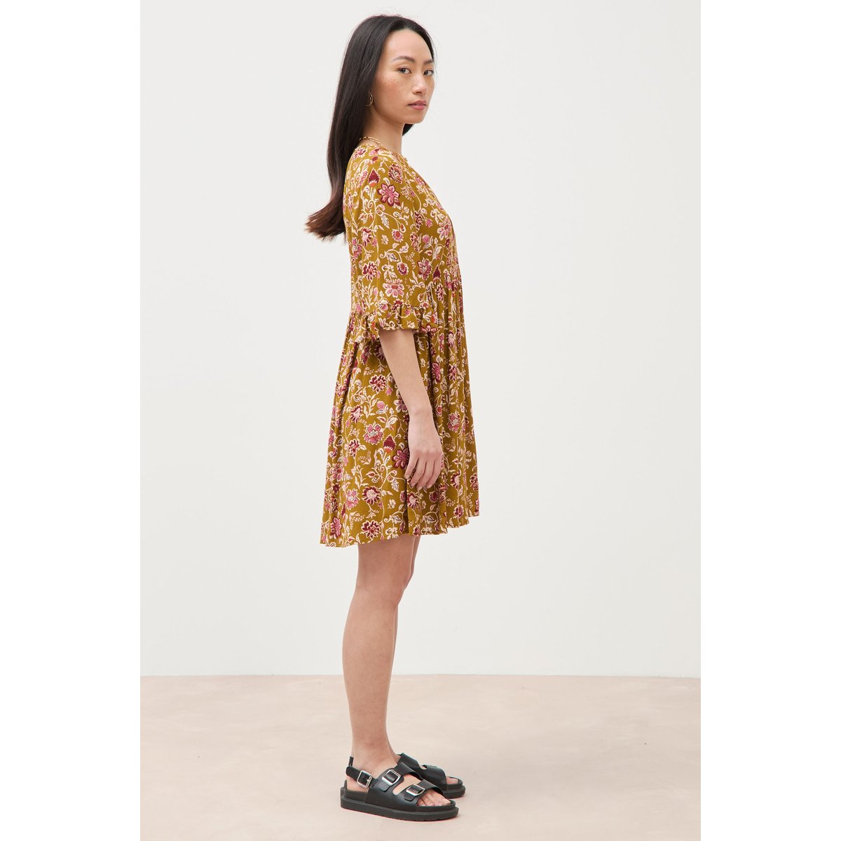 Robe col v manches au coude vert olive, BONOBO