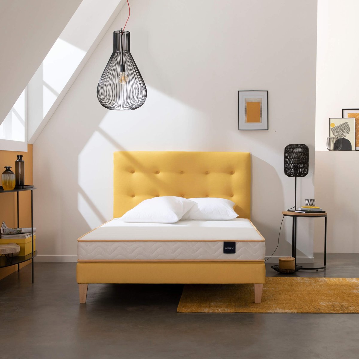 Ensemble matelas mousse, sommier, pieds et tête de lit Aurore 300 blanc, SOMEO